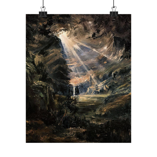 Mountain Valley - Paper print Oil Painting, Moody Dark Academia Sky Painting, Dark Cottagecore Landscape