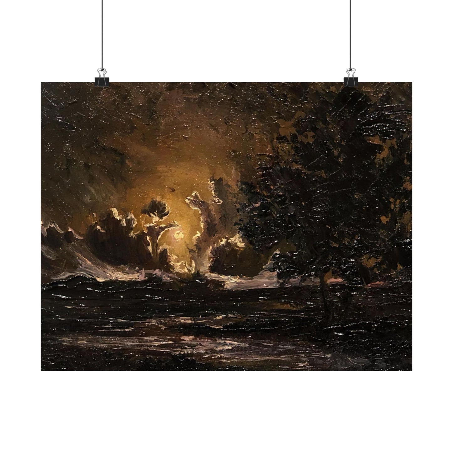 Moody Moonlit Landscape - Paper Print Oil Painting on Canvas. Dark Academia decor wall art. Victorian decor art