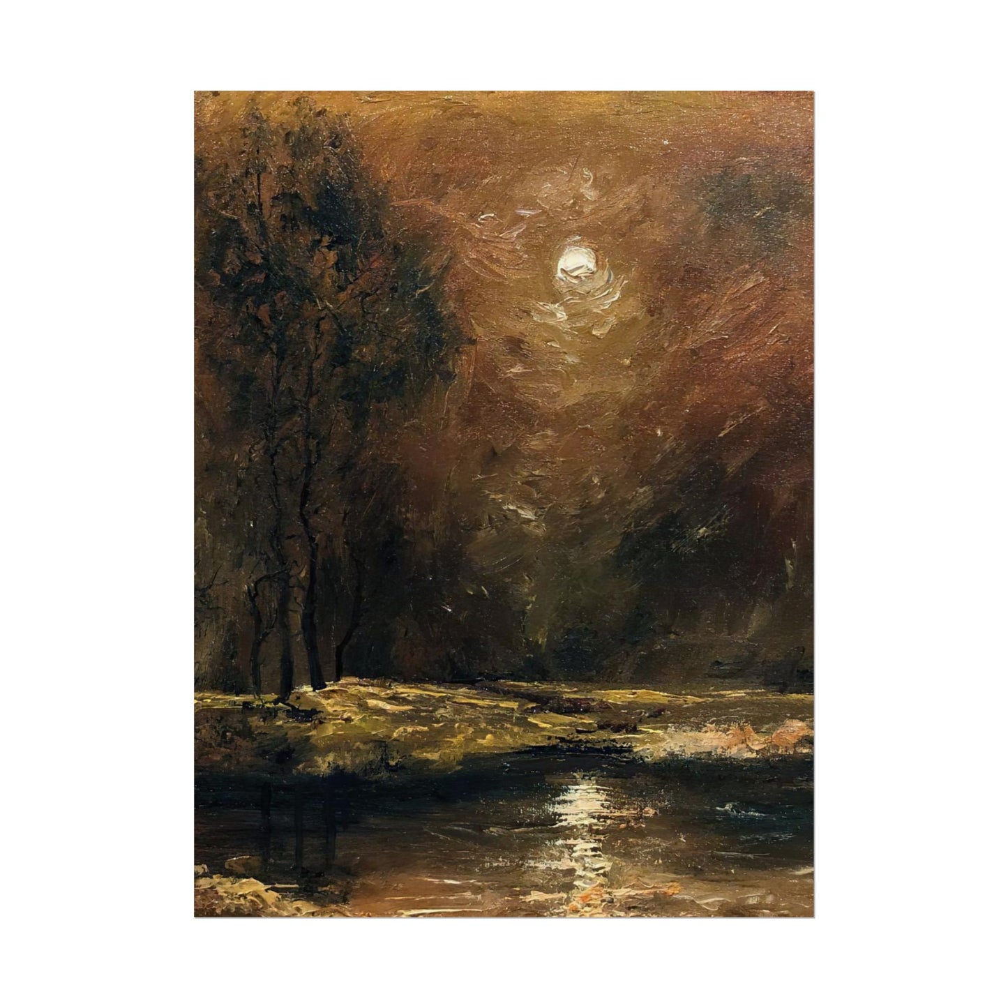 Dark Moody Landscape - Paper Print oil painting. Moonlit Night Landscape Dark Academia decor wall art. Tonalism painting