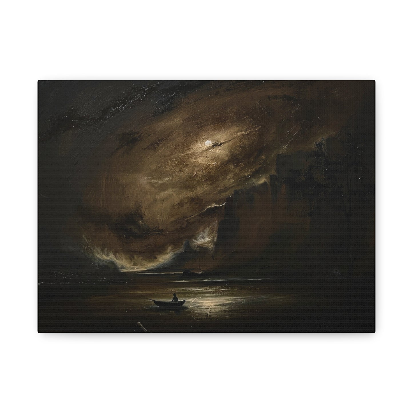 Moody Seascape Matte Canvas Print — Lone Boat Under Stormy Sky
