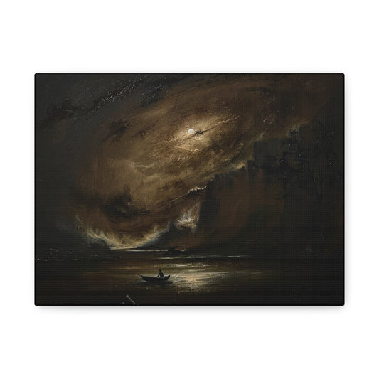 Moody Seascape Matte Canvas Print — Lone Boat Under Stormy Sky