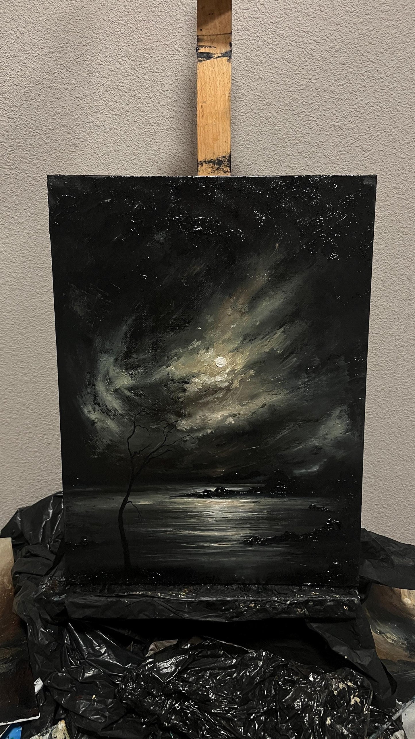 Original Oil Painting 12x16" | Moonlit Night Sky Over the Sea | Atmospheric Dark Seascape