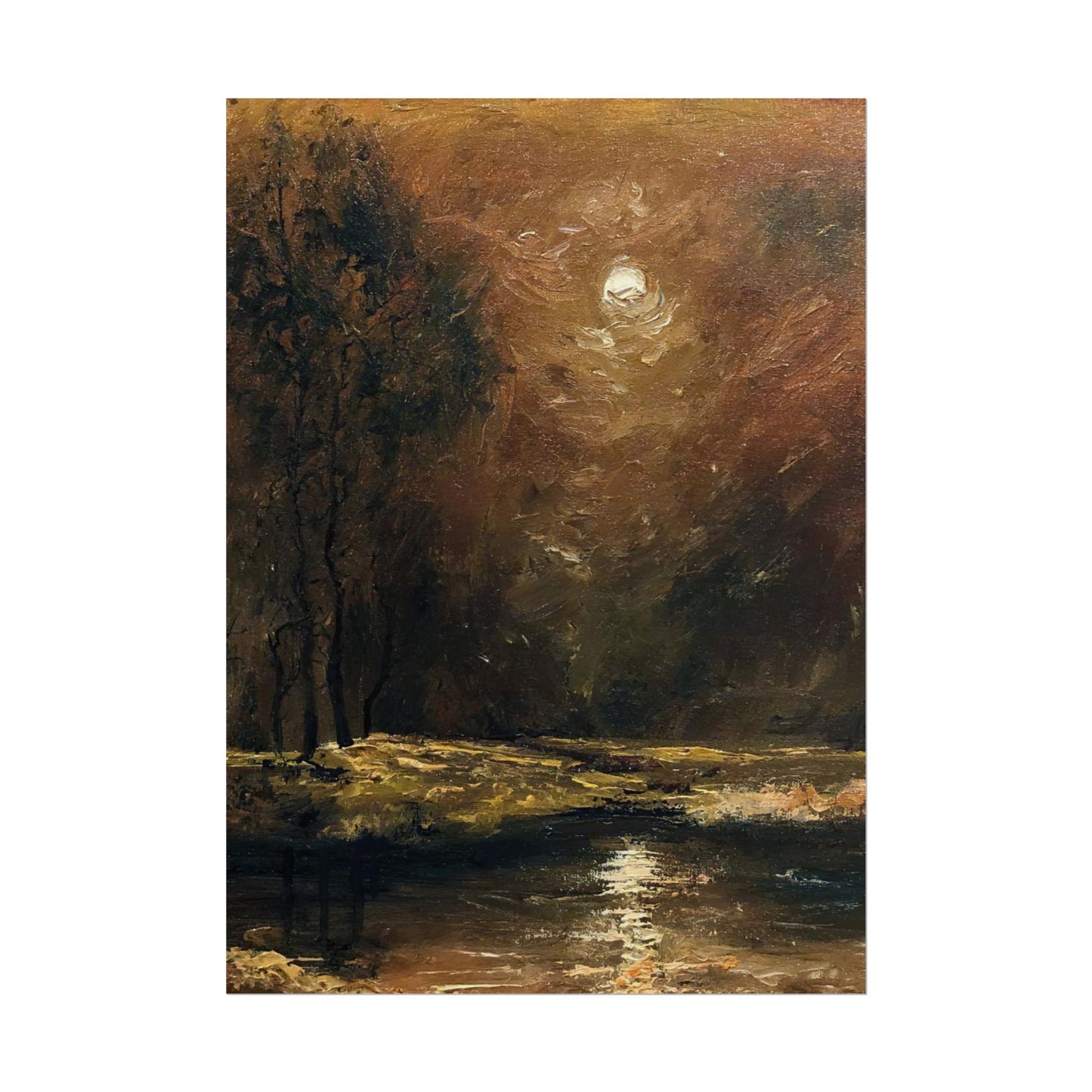 Dark Moody Landscape - Paper Print oil painting. Moonlit Night Landscape Dark Academia decor wall art. Tonalism painting
