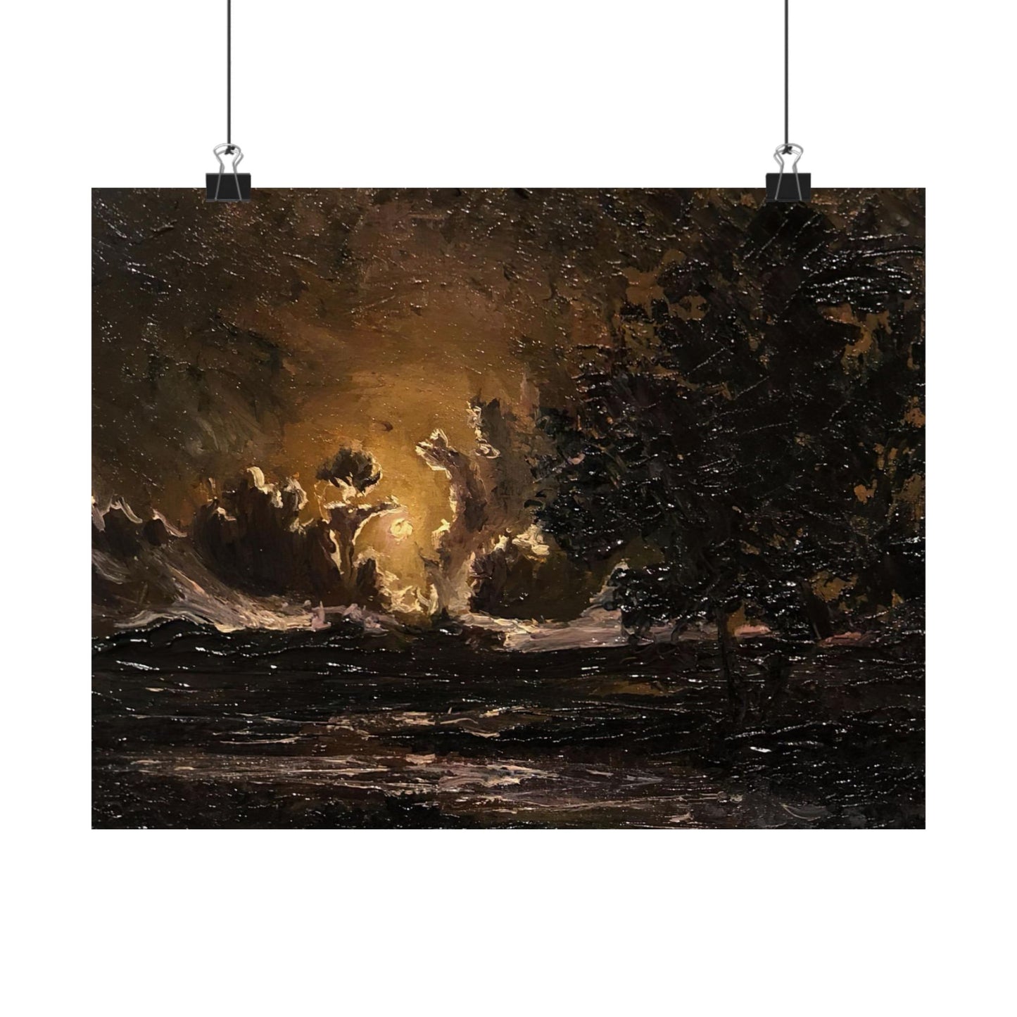 Moody Moonlit Landscape - Paper Print Oil Painting on Canvas. Dark Academia decor wall art. Victorian decor art