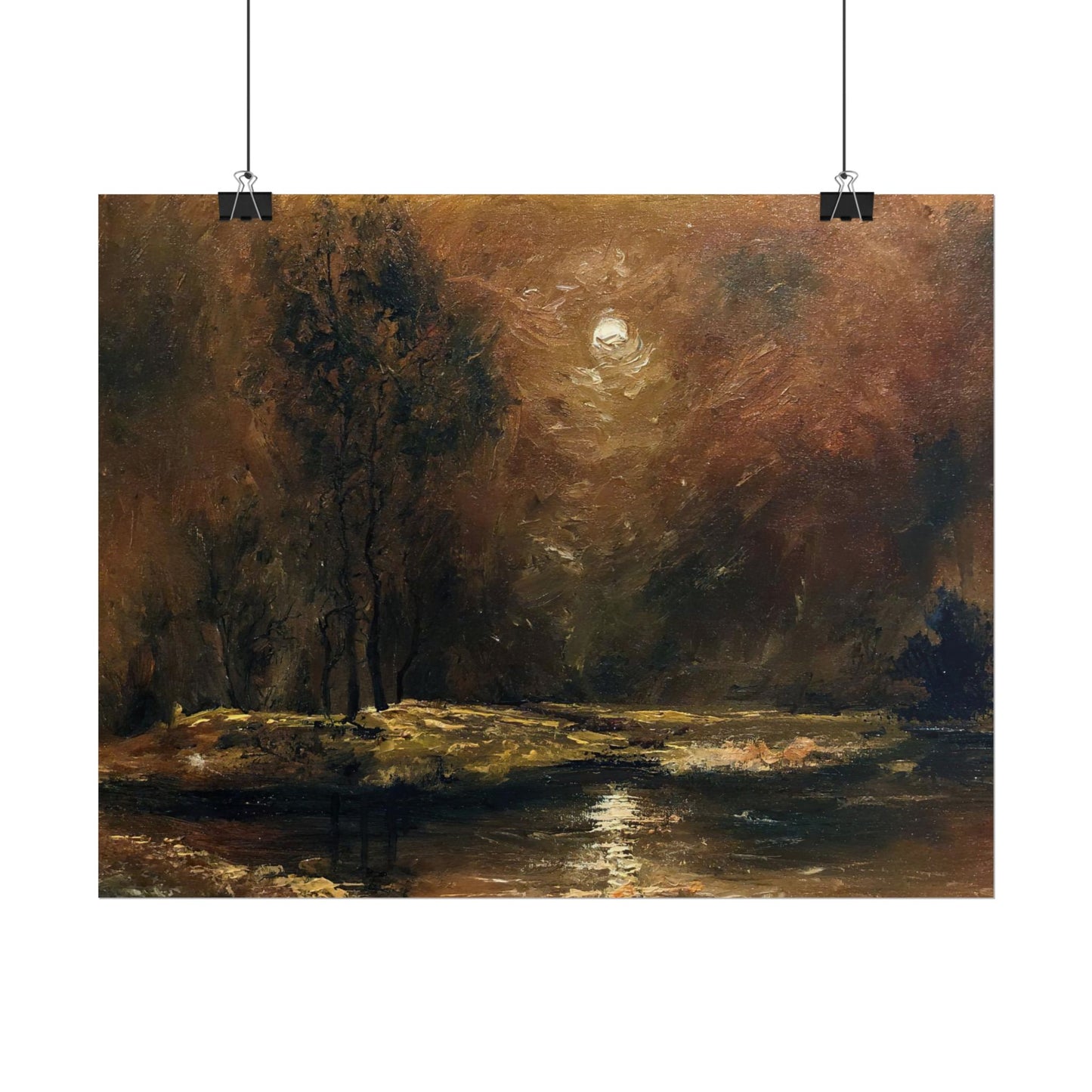 Dark Moody Landscape - Paper Print oil painting. Moonlit Night Landscape Dark Academia decor wall art. Tonalism painting