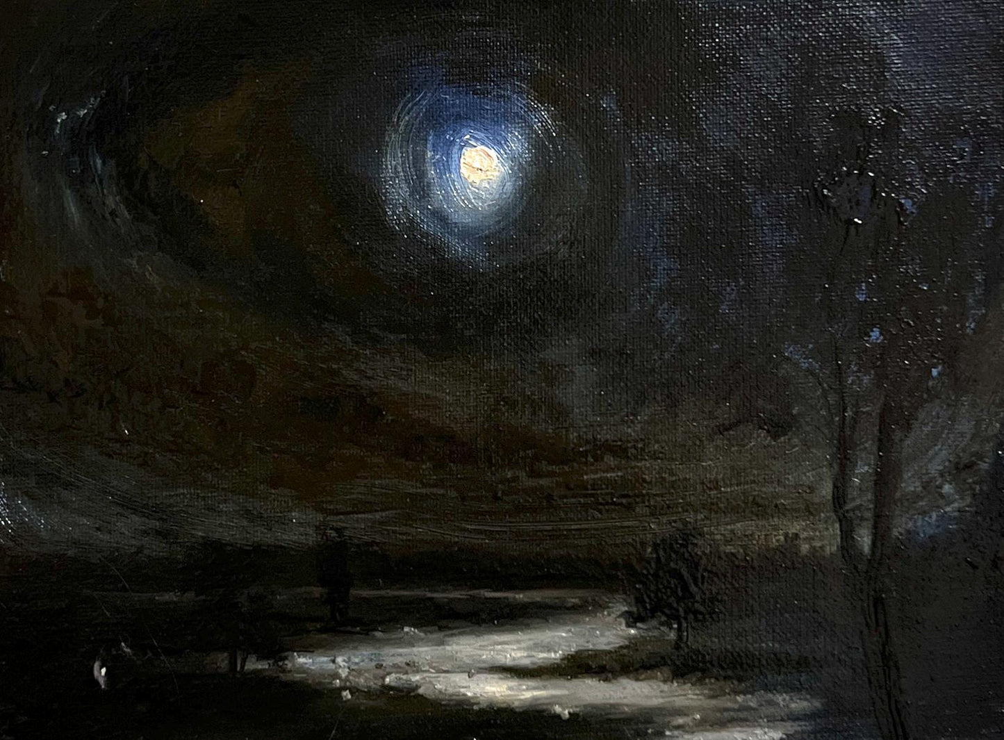 Moonlit Night Walk – Original 18x24 cm Oil Painting Landscape on Canvas | Dark Atmospheric Art for Gothic decor