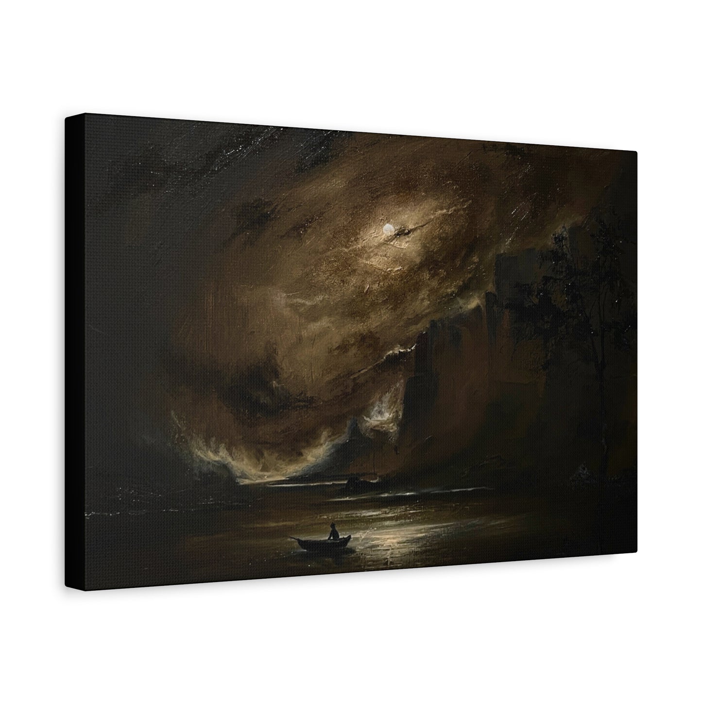 Moody Seascape Matte Canvas Print — Lone Boat Under Stormy Sky
