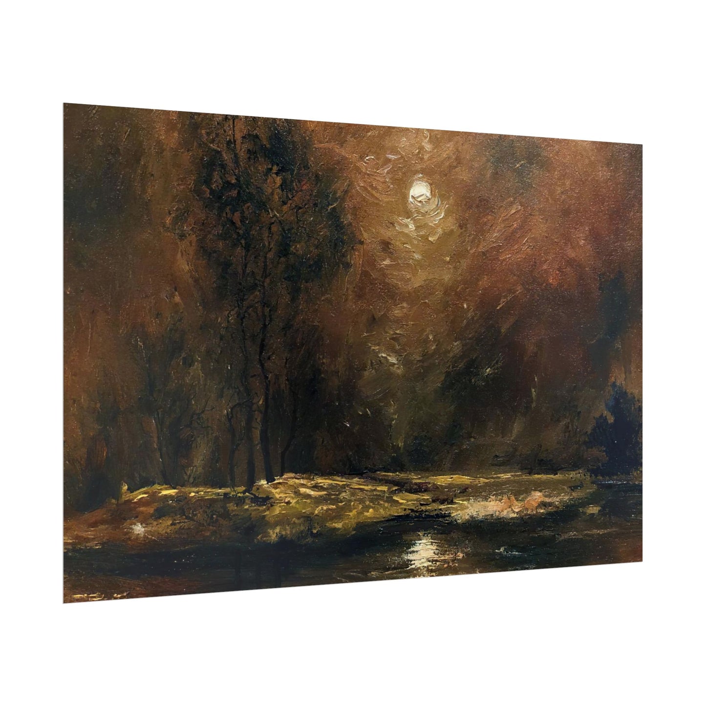 Dark Moody Landscape - Paper Print oil painting. Moonlit Night Landscape Dark Academia decor wall art. Tonalism painting