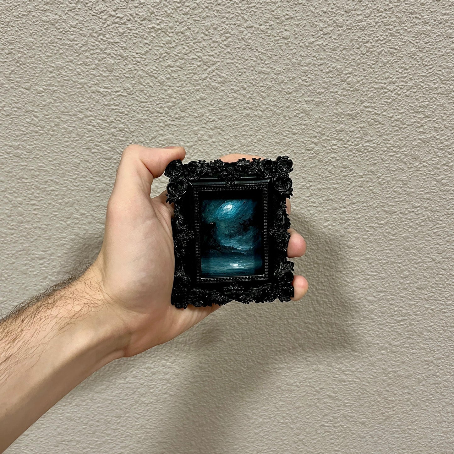 Storm of Silence – Gothic Miniature Oil Painting | Dark Academia Moonlit Seascape | Framed Original Art