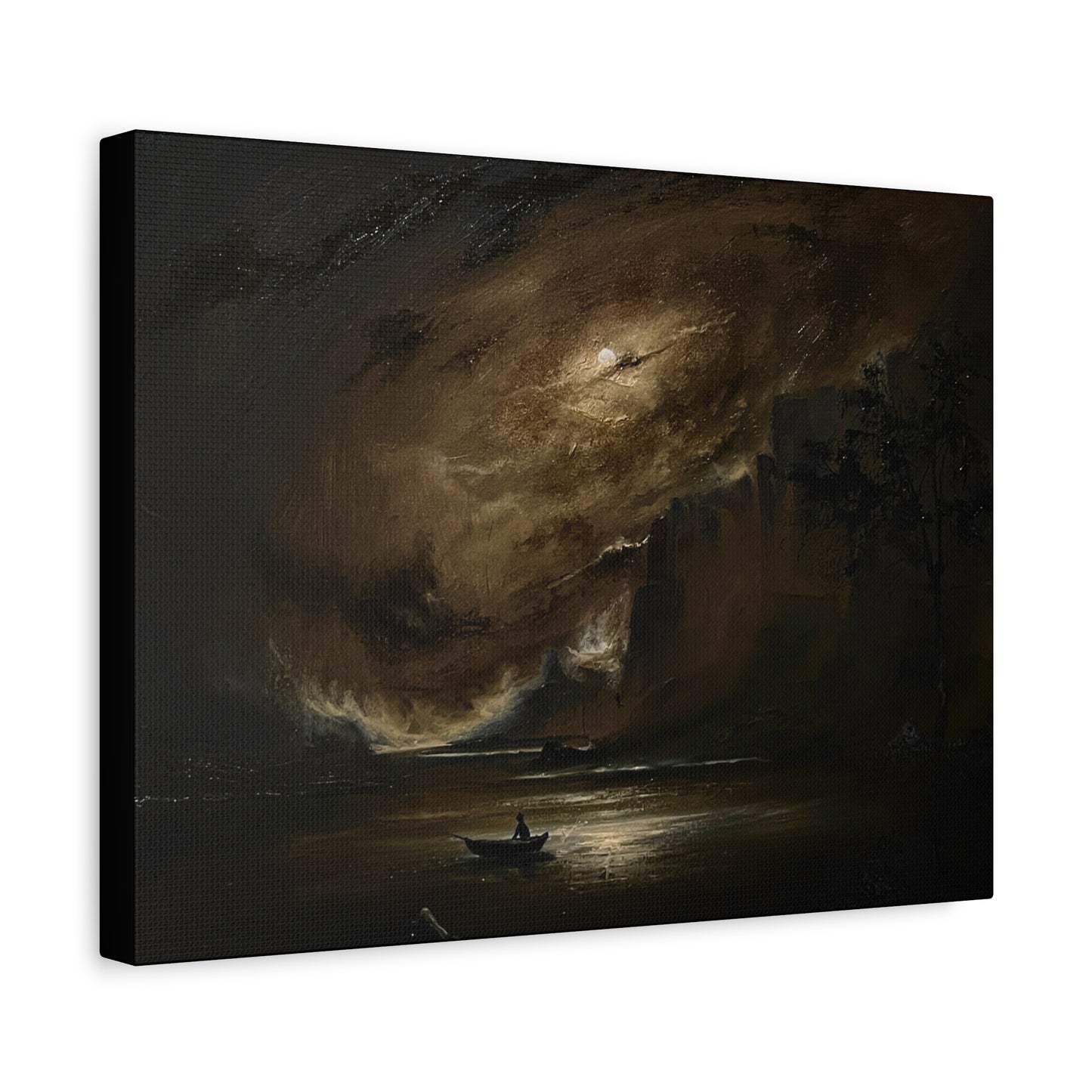 Moody Seascape Matte Canvas Print — Lone Boat Under Stormy Sky