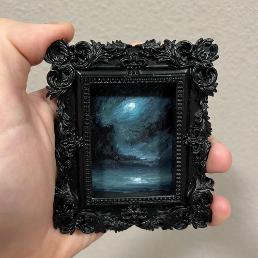 Storm of Silence – Gothic Miniature Oil Painting | Dark Academia Moonlit Seascape | Framed Original Art