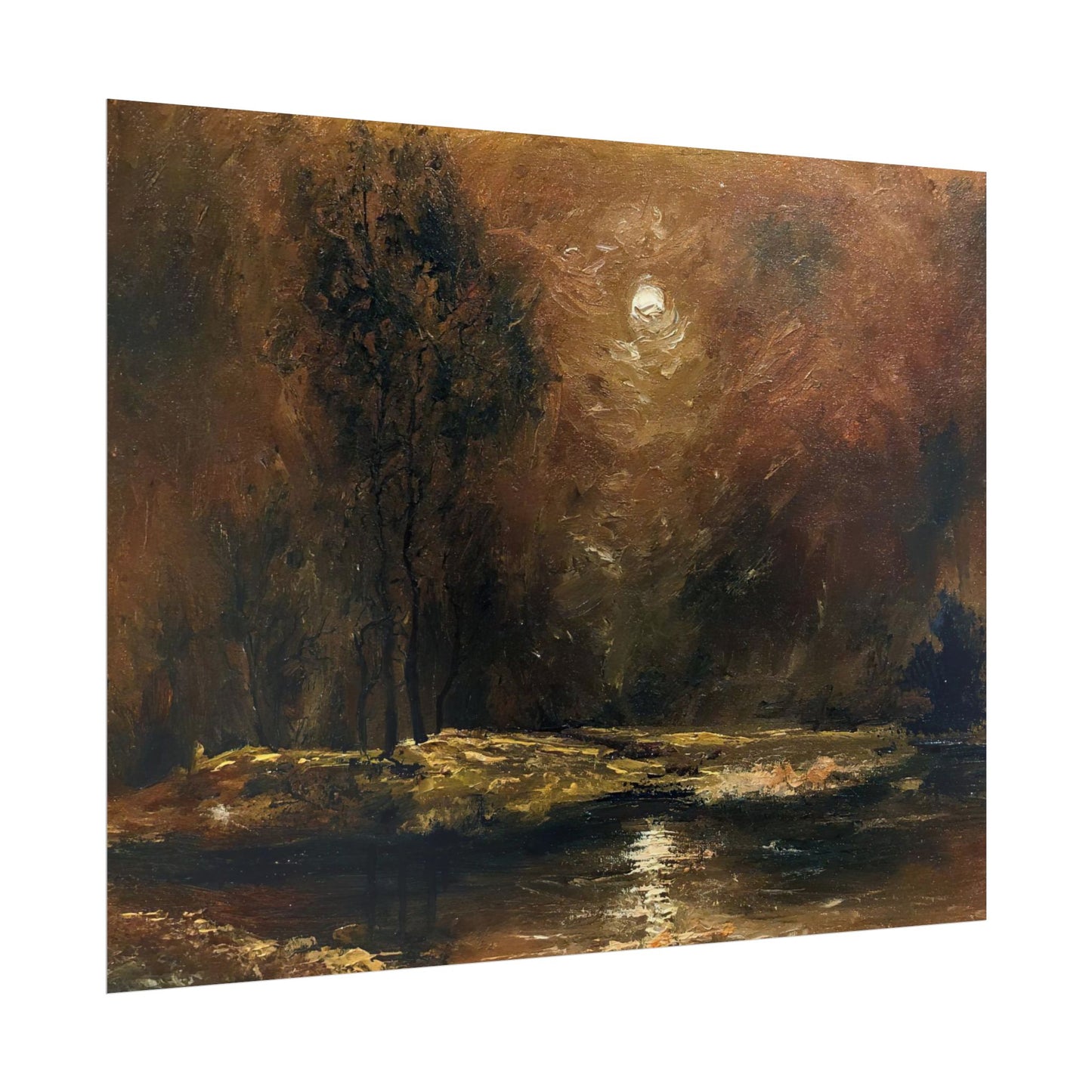 Dark Moody Landscape - Paper Print oil painting. Moonlit Night Landscape Dark Academia decor wall art. Tonalism painting