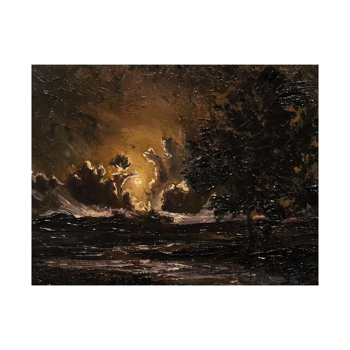 Moody Moonlit Landscape - Paper Print Oil Painting on Canvas. Dark Academia decor wall art. Victorian decor art