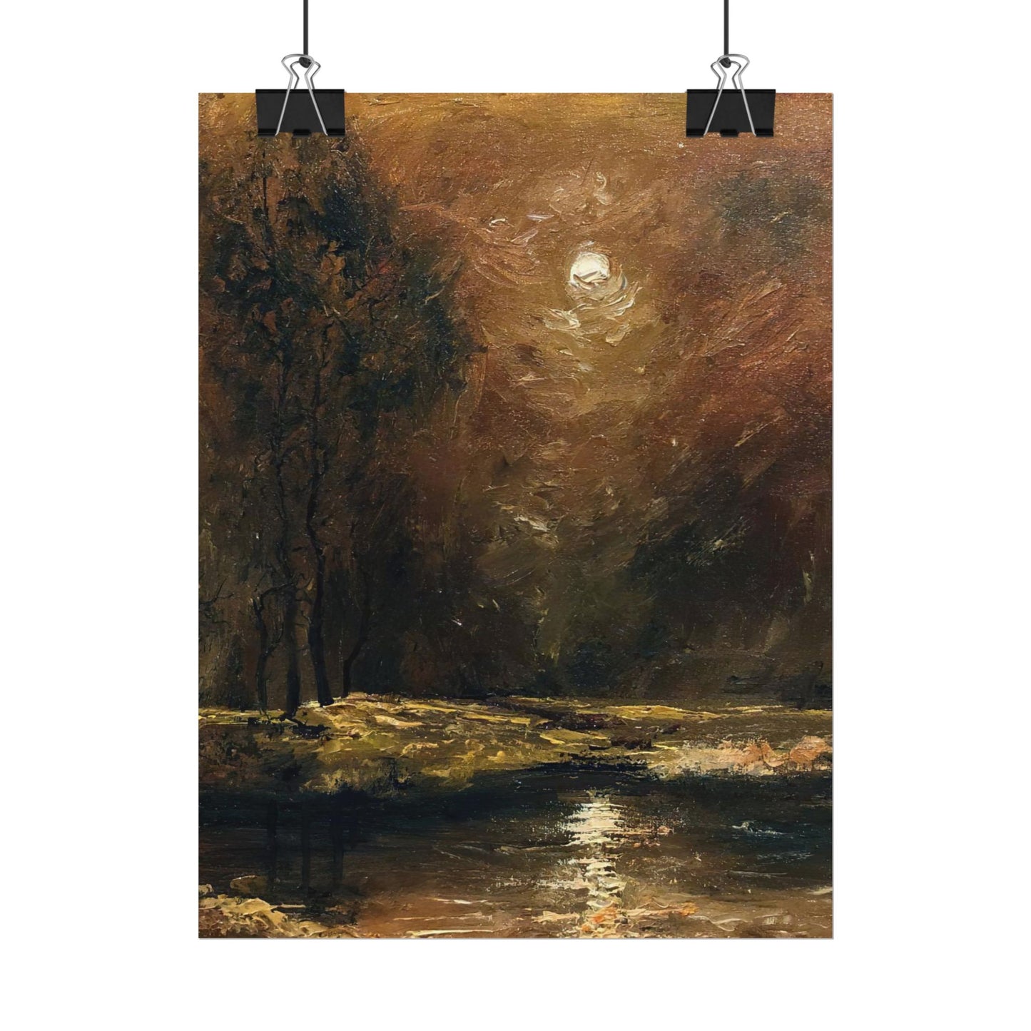 Dark Moody Landscape - Paper Print oil painting. Moonlit Night Landscape Dark Academia decor wall art. Tonalism painting