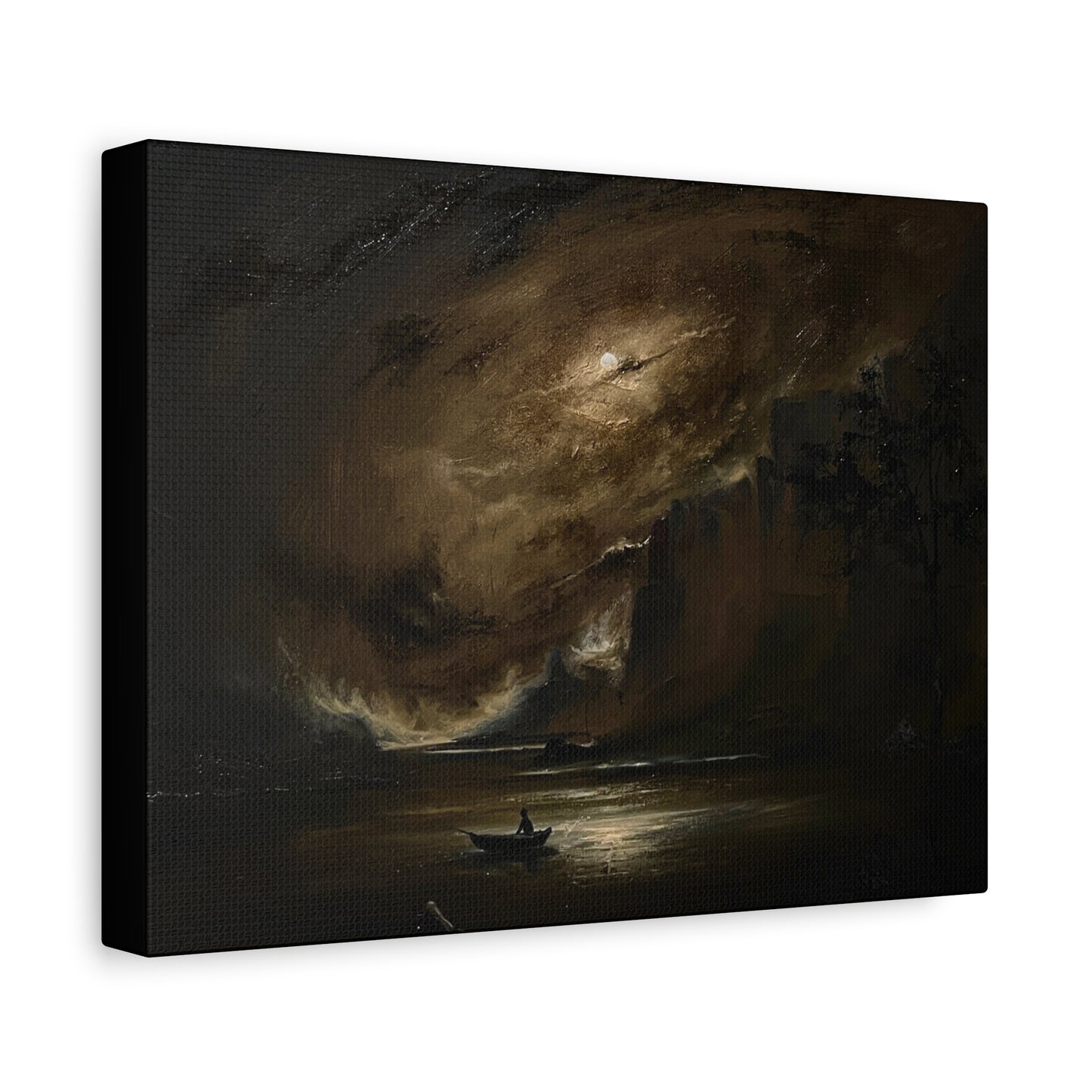 Moody Seascape Matte Canvas Print — Lone Boat Under Stormy Sky