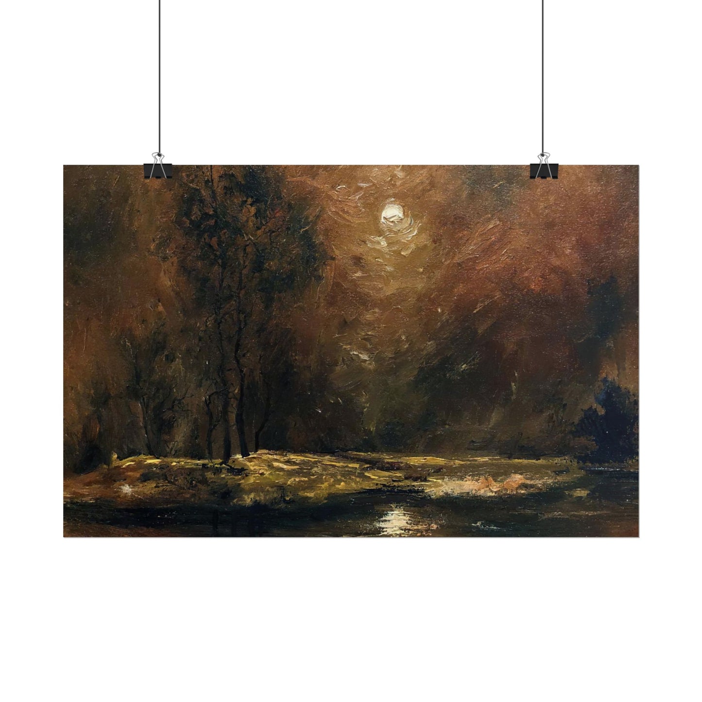 Dark Moody Landscape - Paper Print oil painting. Moonlit Night Landscape Dark Academia decor wall art. Tonalism painting