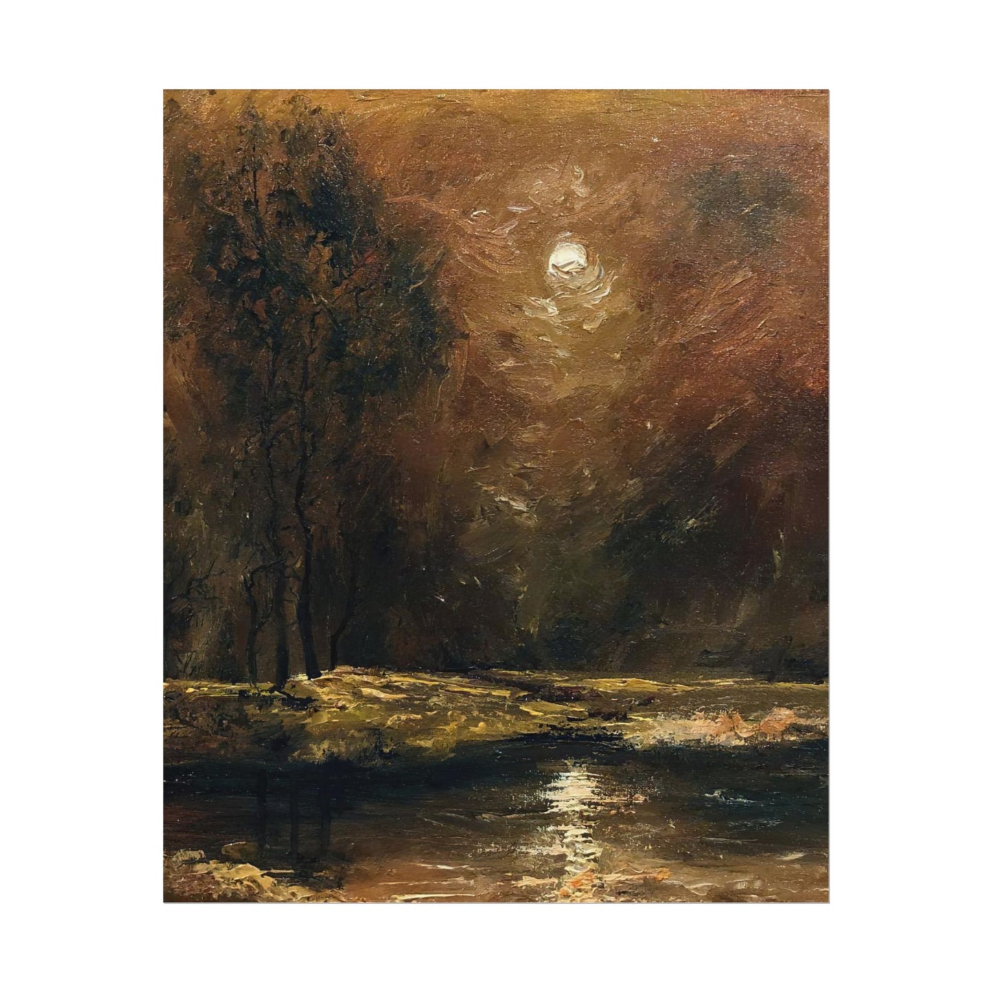Dark Moody Landscape - Paper Print oil painting. Moonlit Night Landscape Dark Academia decor wall art. Tonalism painting