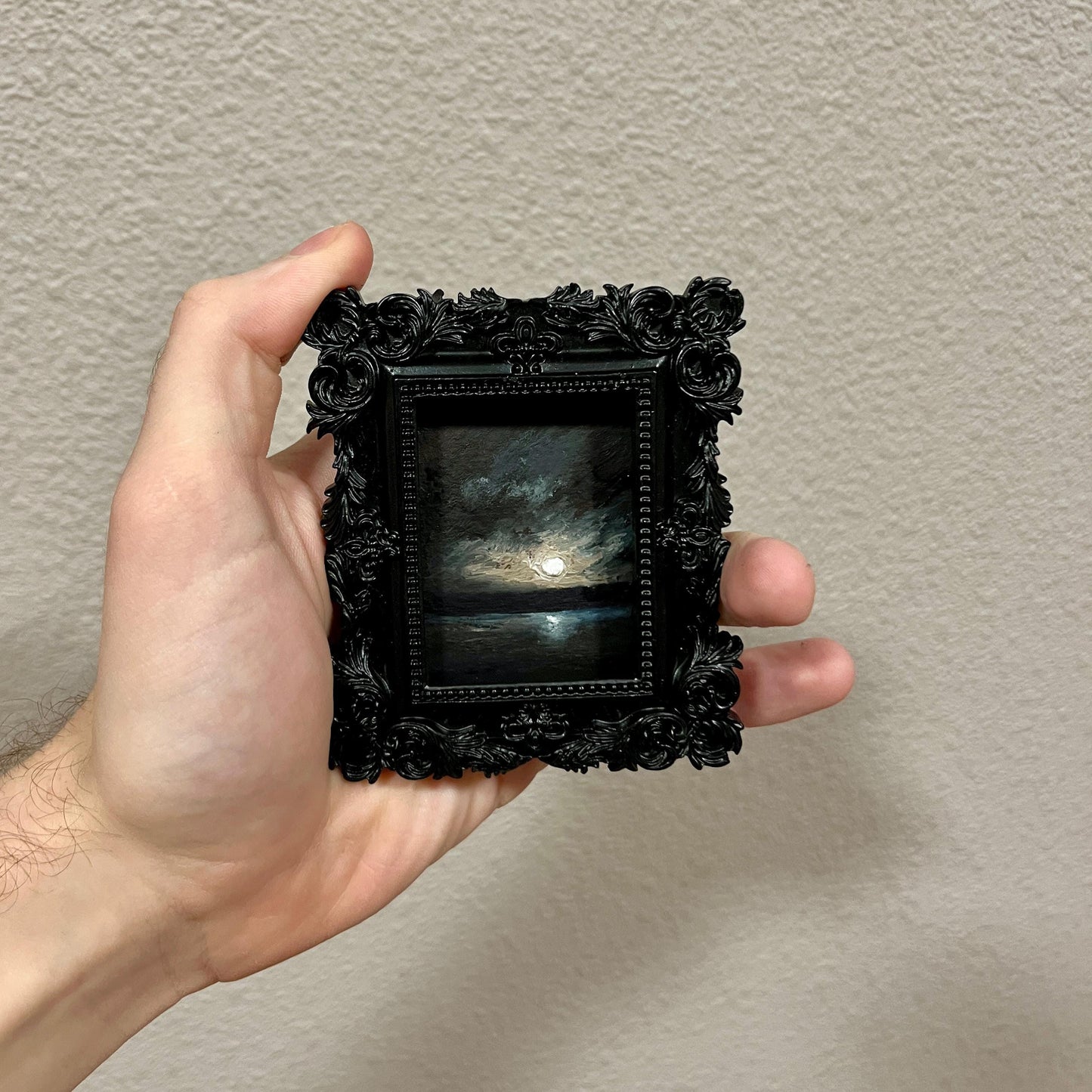 Shroud of the Moon – Gothic Miniature Oil Painting | Dark Academia Nocturne | Framed Original Art