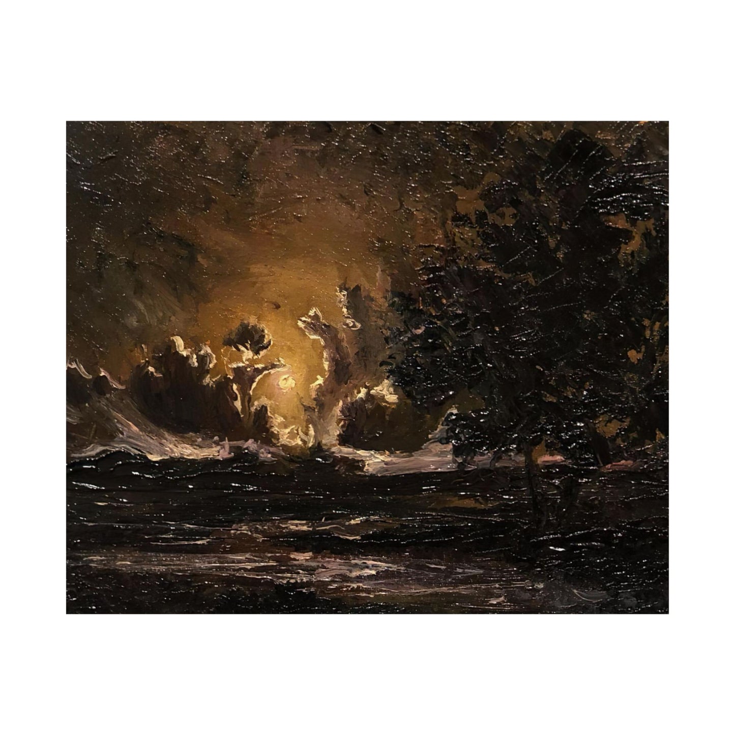 Moody Moonlit Landscape - Paper Print Oil Painting on Canvas. Dark Academia decor wall art. Victorian decor art