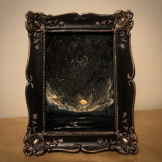 Small Framed Original Oil Painting Landscape on Canvas. Moon and sky painting. Moody Dark Academia decor. Dark vintage art. Unique gift