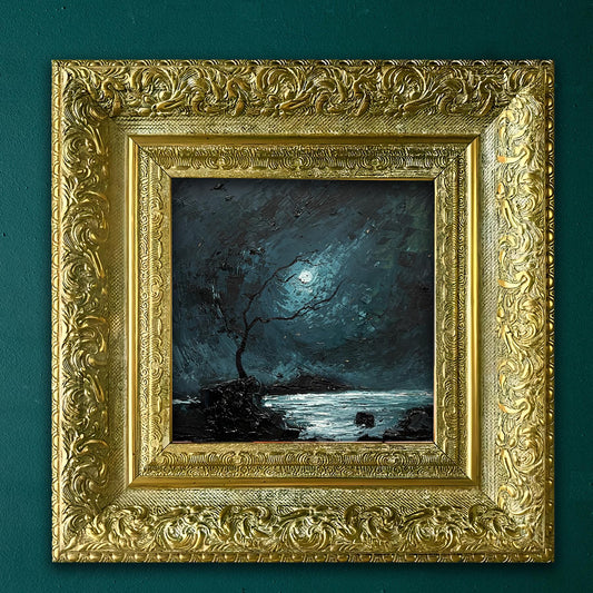 Original Oil Painting: Dark Romantic Nocturne Landscape - 20x20 cm