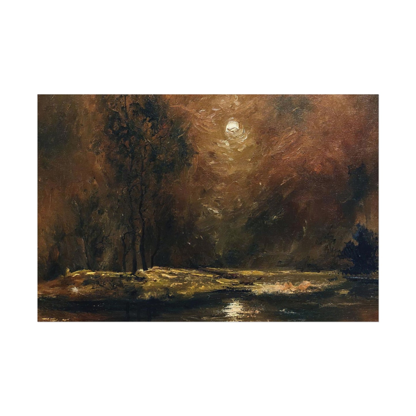 Dark Moody Landscape - Paper Print oil painting. Moonlit Night Landscape Dark Academia decor wall art. Tonalism painting