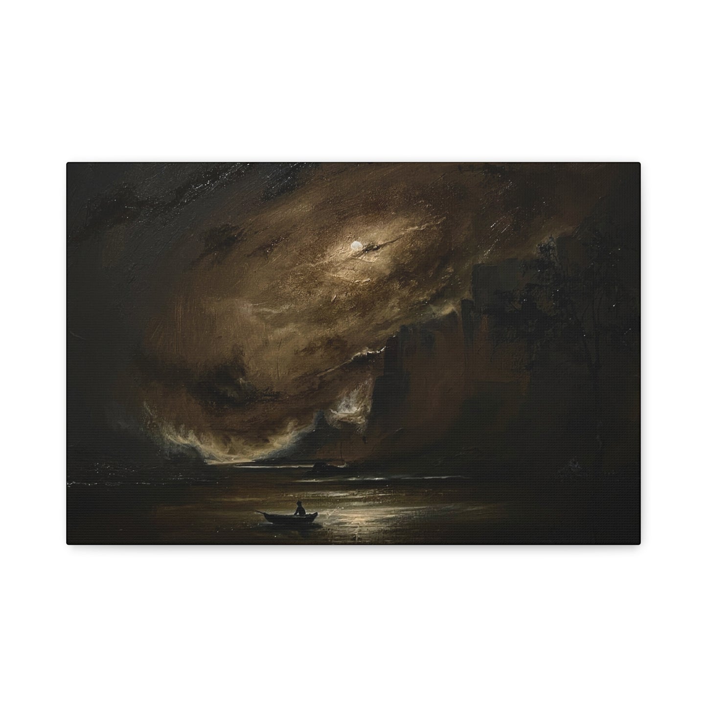 Moody Seascape Matte Canvas Print — Lone Boat Under Stormy Sky