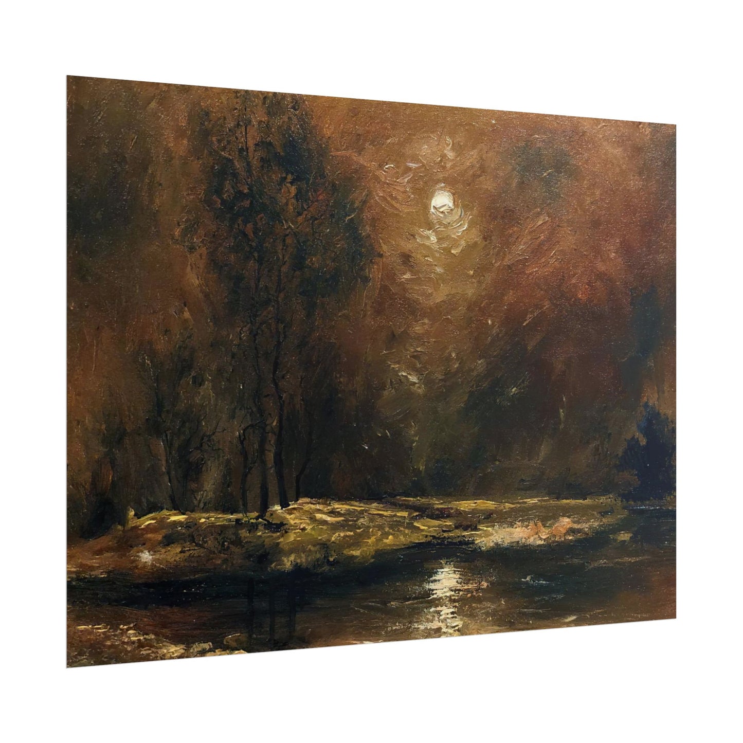 Dark Moody Landscape - Paper Print oil painting. Moonlit Night Landscape Dark Academia decor wall art. Tonalism painting