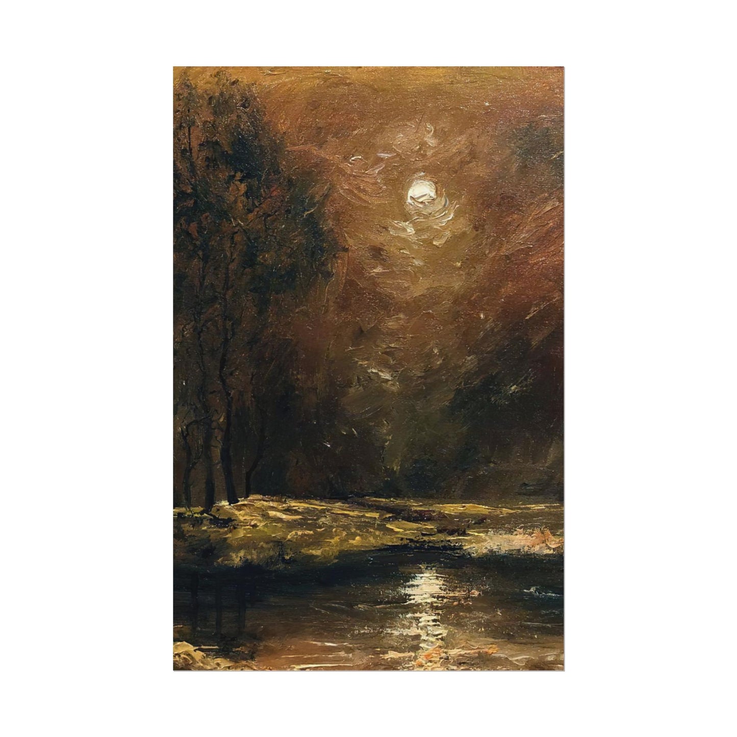 Dark Moody Landscape - Paper Print oil painting. Moonlit Night Landscape Dark Academia decor wall art. Tonalism painting