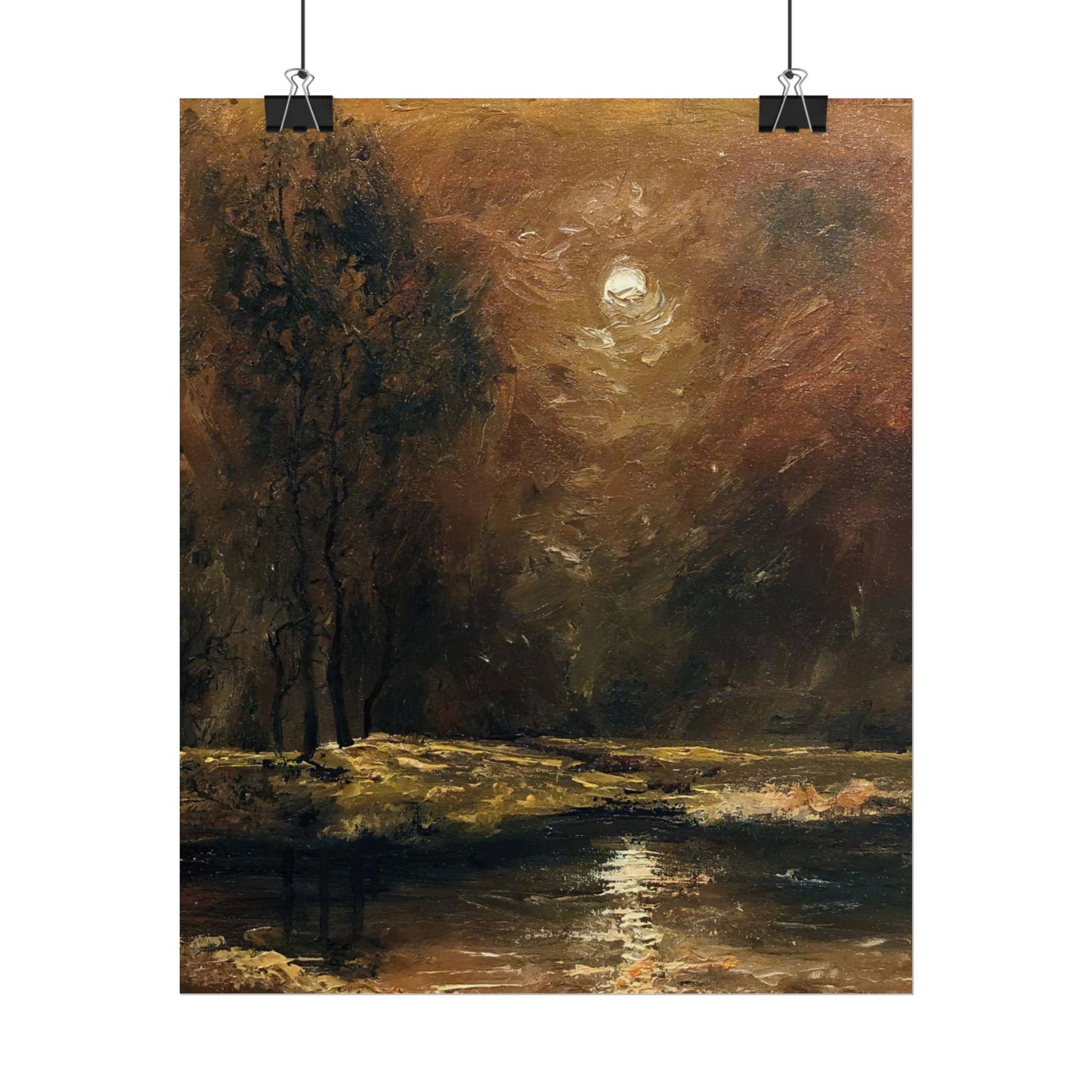 Dark Moody Landscape - Paper Print oil painting. Moonlit Night Landscape Dark Academia decor wall art. Tonalism painting