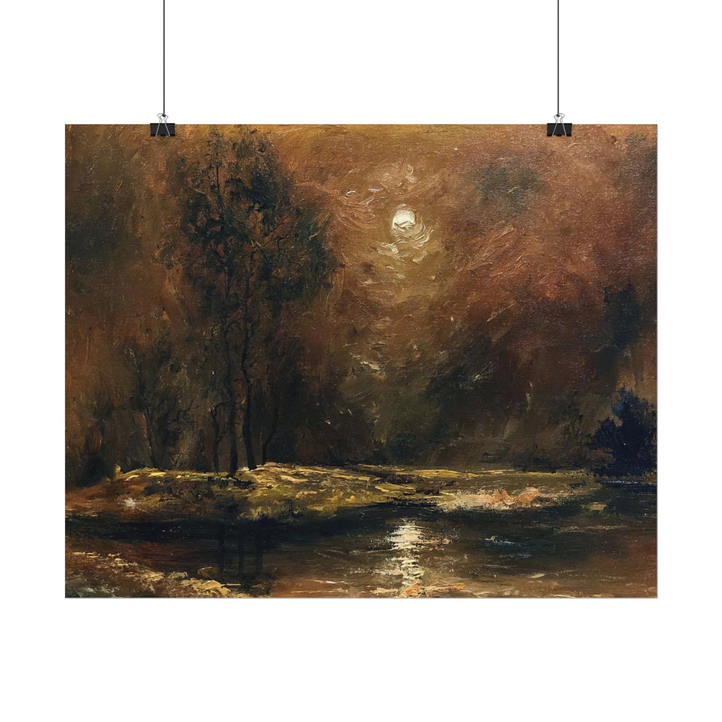 Dark Moody Landscape - Paper Print oil painting. Moonlit Night Landscape Dark Academia decor wall art. Tonalism painting