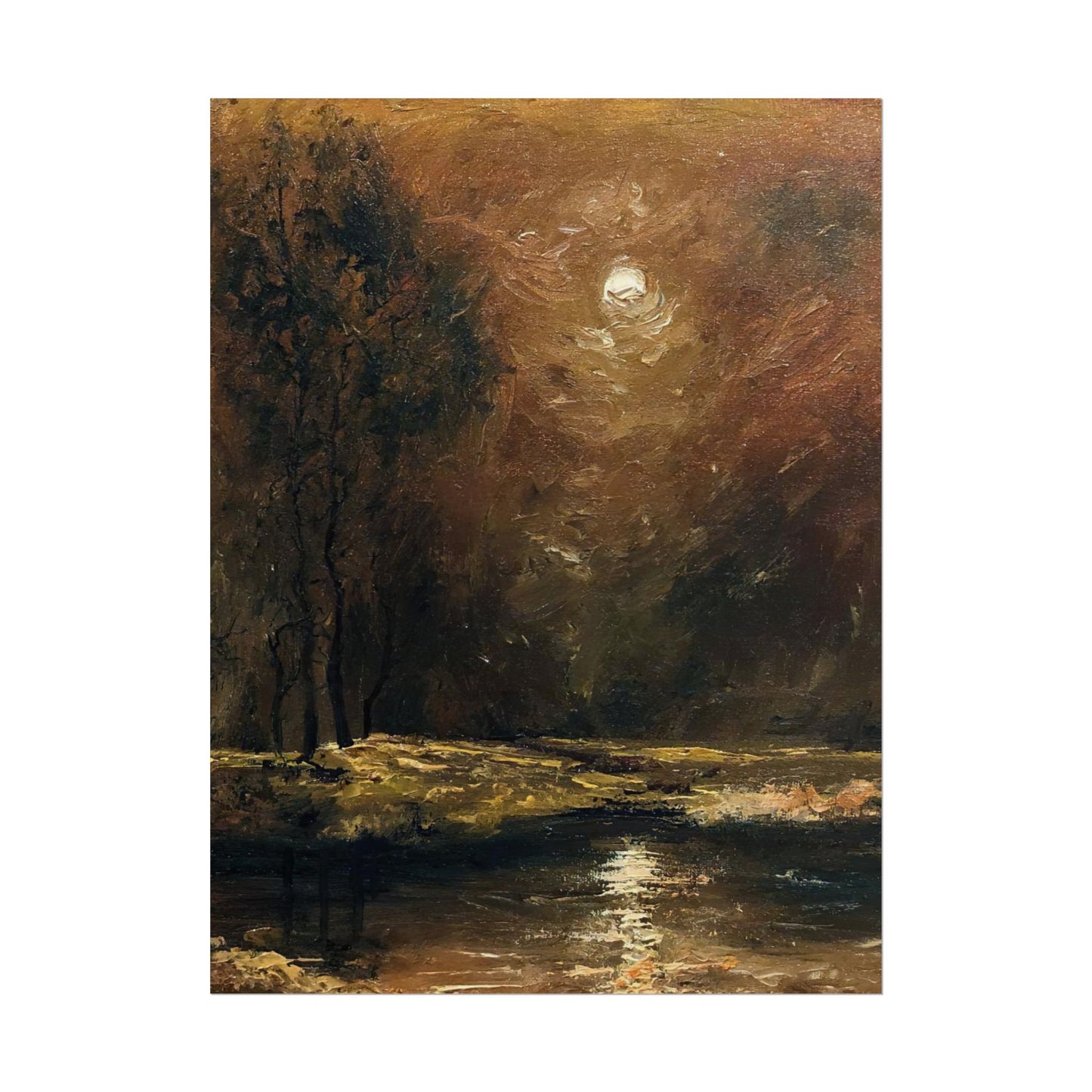 Dark Moody Landscape - Paper Print oil painting. Moonlit Night Landscape Dark Academia decor wall art. Tonalism painting