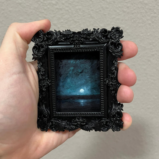 Nocturne Tide – Gothic Miniature Oil Painting | Dark Academia Moonlit Seascape | Framed Original Art