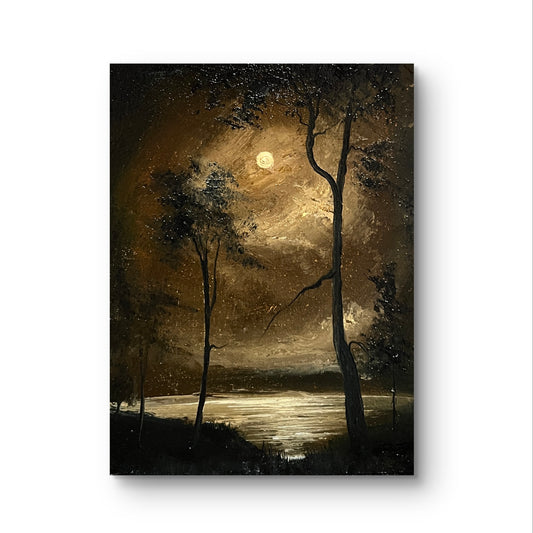 Amber Nocturne – Original Gothic Oil Painting 18x24 cm (7×9.4 in) | Dark Academia Moonlit Landscape