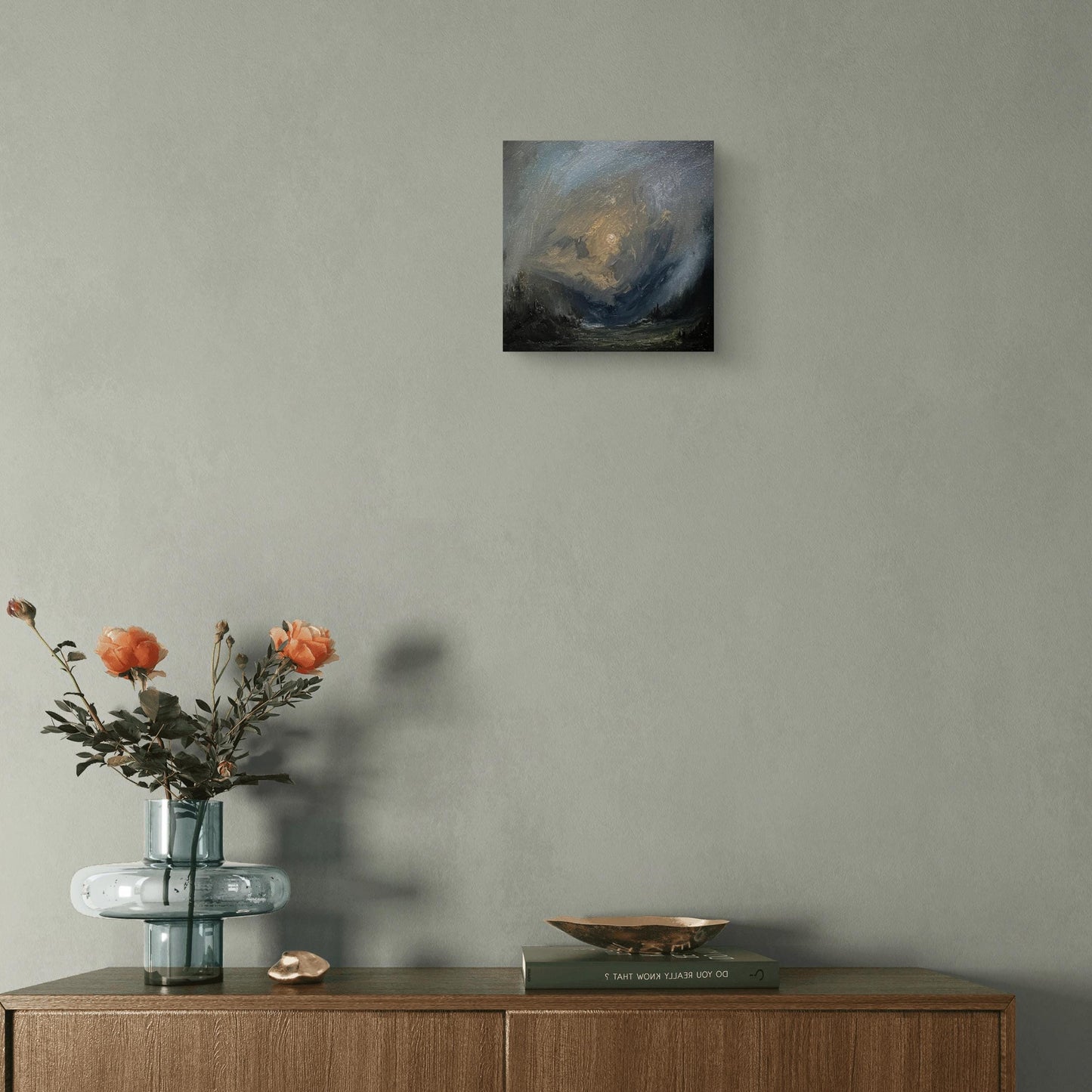 Abstract Misty Mountain Valley – Original Oil Painting 20x20 cm – Atmospheric Landscape