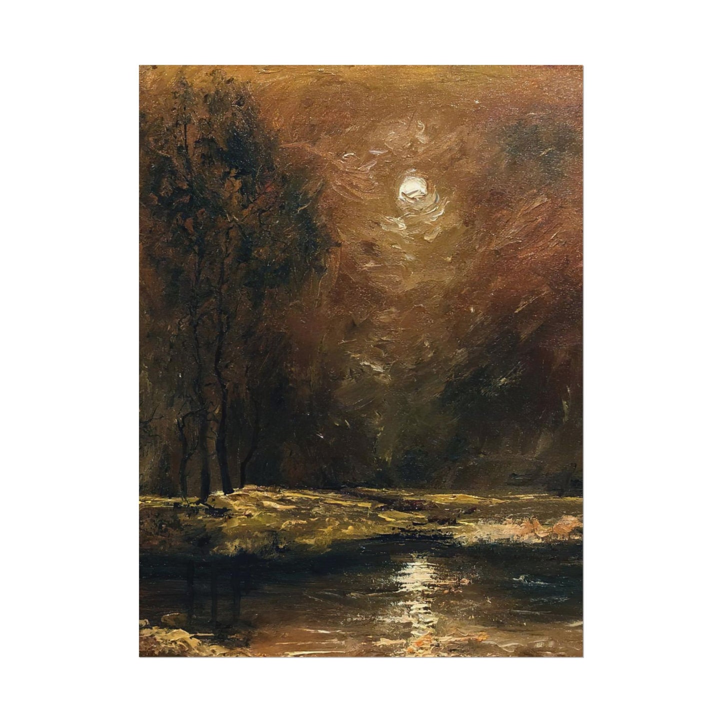 Dark Moody Landscape - Paper Print oil painting. Moonlit Night Landscape Dark Academia decor wall art. Tonalism painting