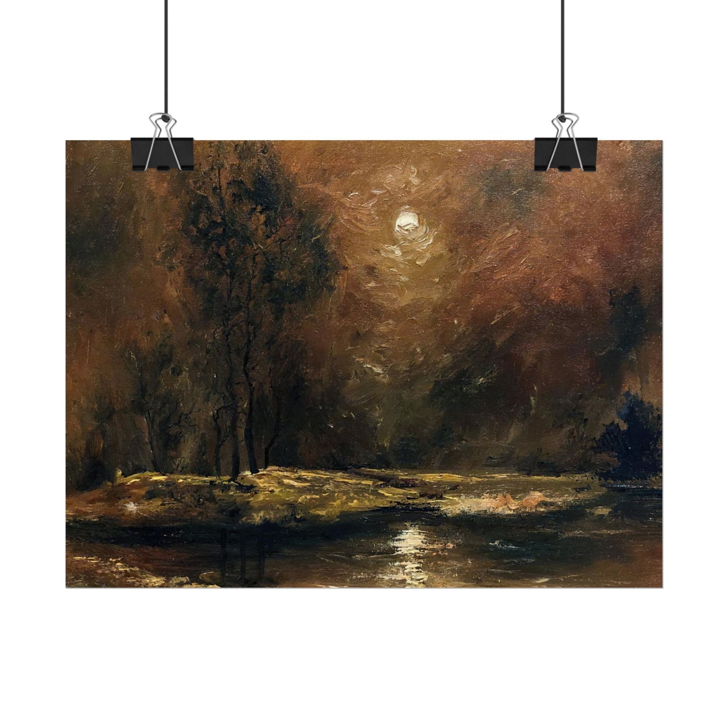 Dark Moody Landscape - Paper Print oil painting. Moonlit Night Landscape Dark Academia decor wall art. Tonalism painting