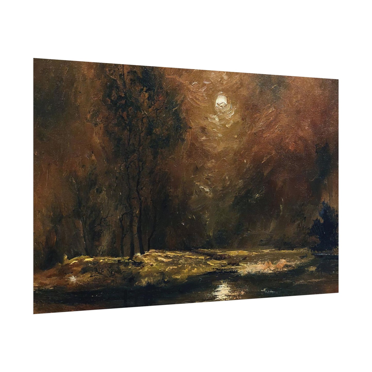 Dark Moody Landscape - Paper Print oil painting. Moonlit Night Landscape Dark Academia decor wall art. Tonalism painting