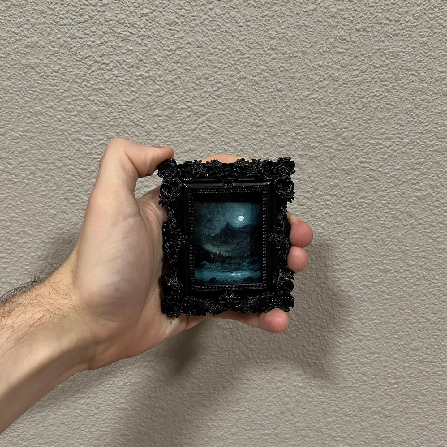 Midnight Ascent – Gothic Miniature Oil Painting | Dark Academia Moonlit Mountain Scene | Framed Original