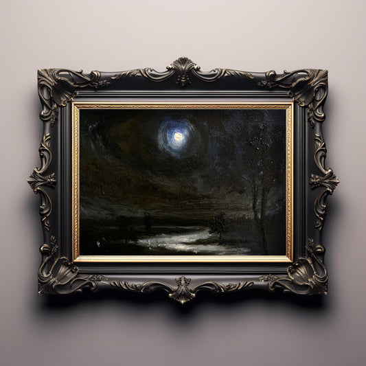 Moonlit Night Walk – Original 18x24 cm Oil Painting Landscape on Canvas | Dark Atmospheric Art for Gothic decor