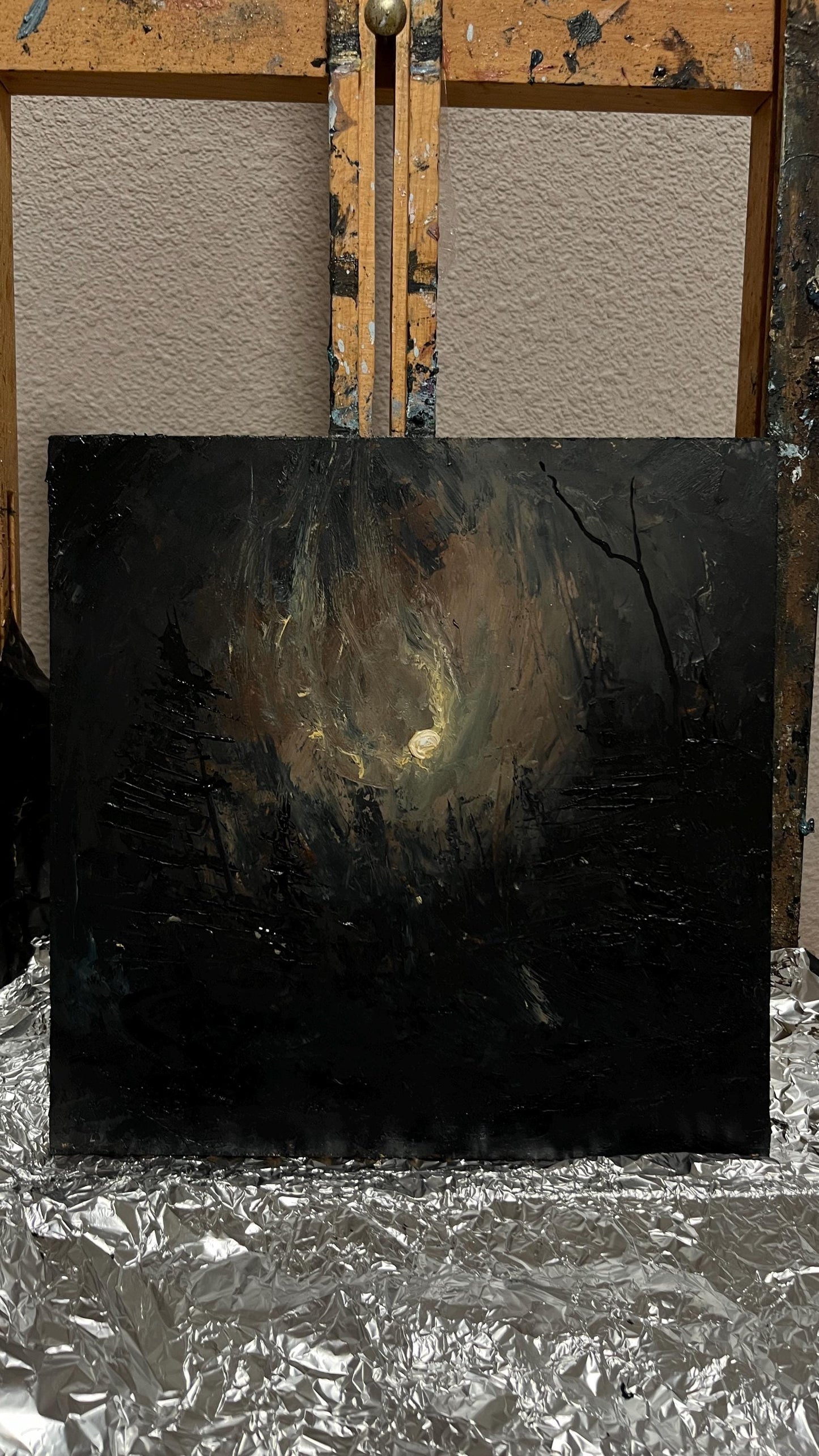Omen of the Hollow – Original Gothic Oil Painting 20x20 cm (8x8 in) | Dark Academia Night Forest