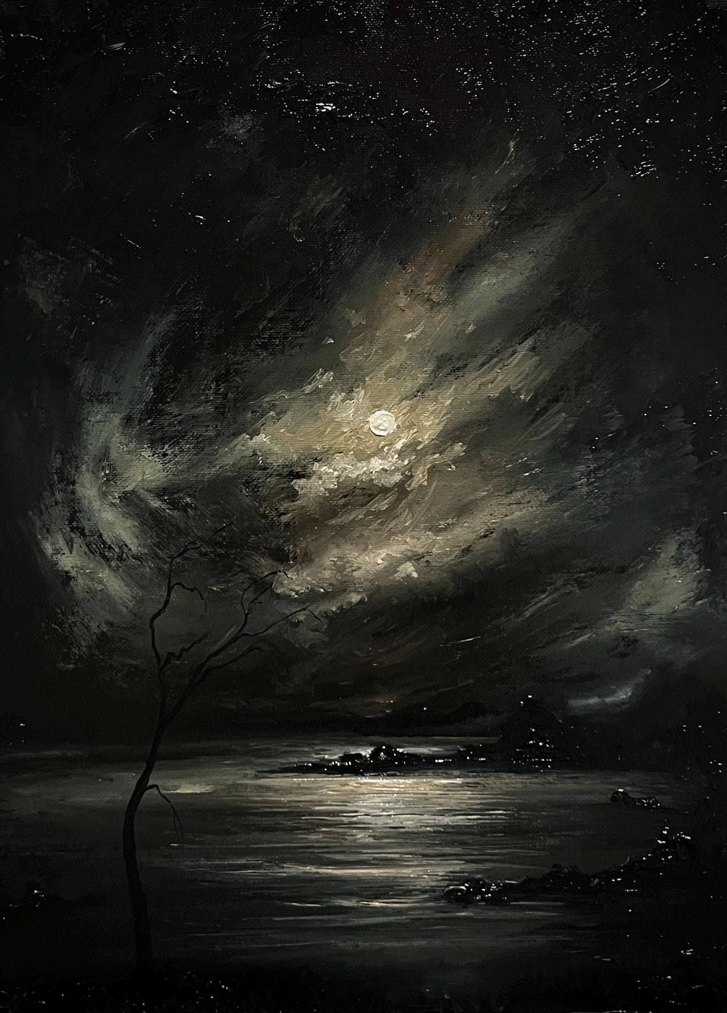 Original Oil Painting 12x16" | Moonlit Night Sky Over the Sea | Atmospheric Dark Seascape