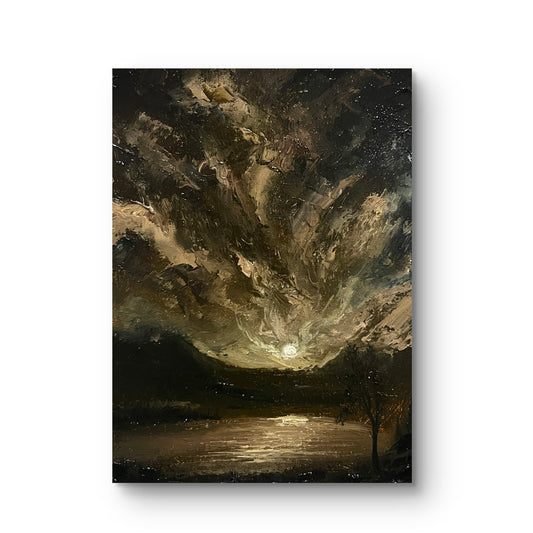 Infernal Sky – Original Gothic Oil Painting 18x24 cm (7×9.4 in) | Dark Academia Dramatic Moonlight
