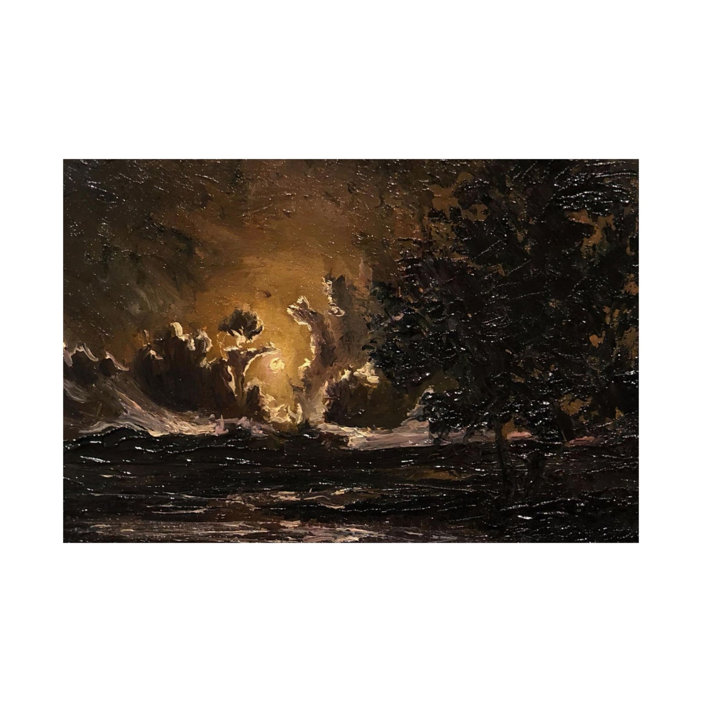 Moody Moonlit Landscape - Paper Print Oil Painting on Canvas. Dark Academia decor wall art. Victorian decor art