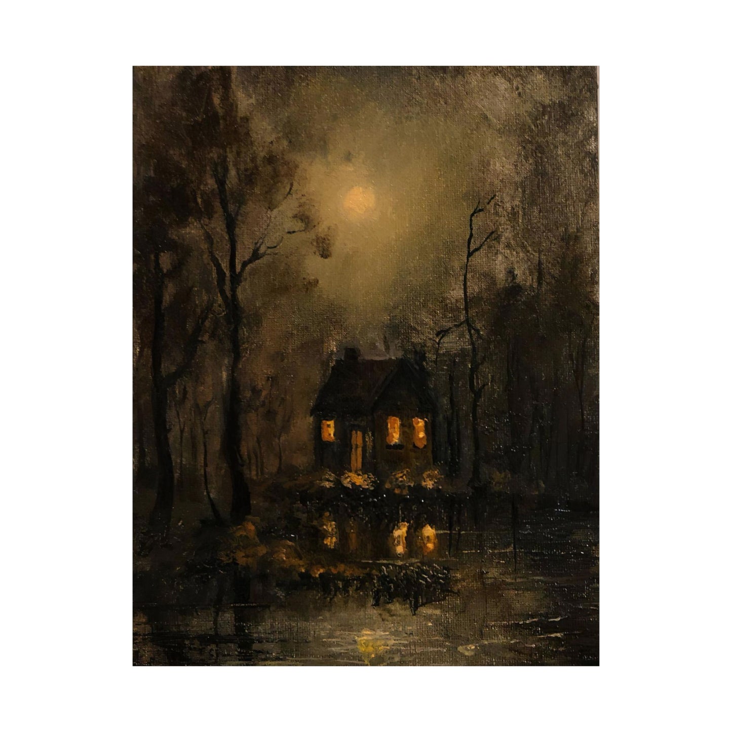Mystery Moonlit House in Dark Forest - Paper Print | Macabre Aesthetic | Dark Academia Wall Art | Victorian Goth Decor