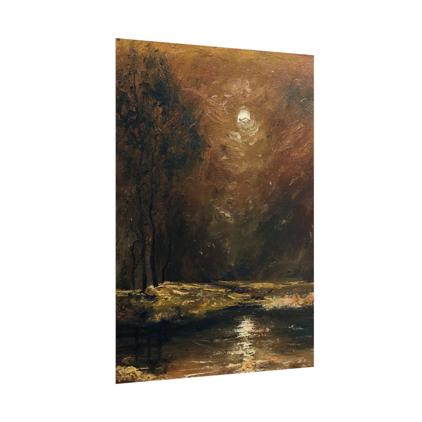 Dark Moody Landscape - Paper Print oil painting. Moonlit Night Landscape Dark Academia decor wall art. Tonalism painting
