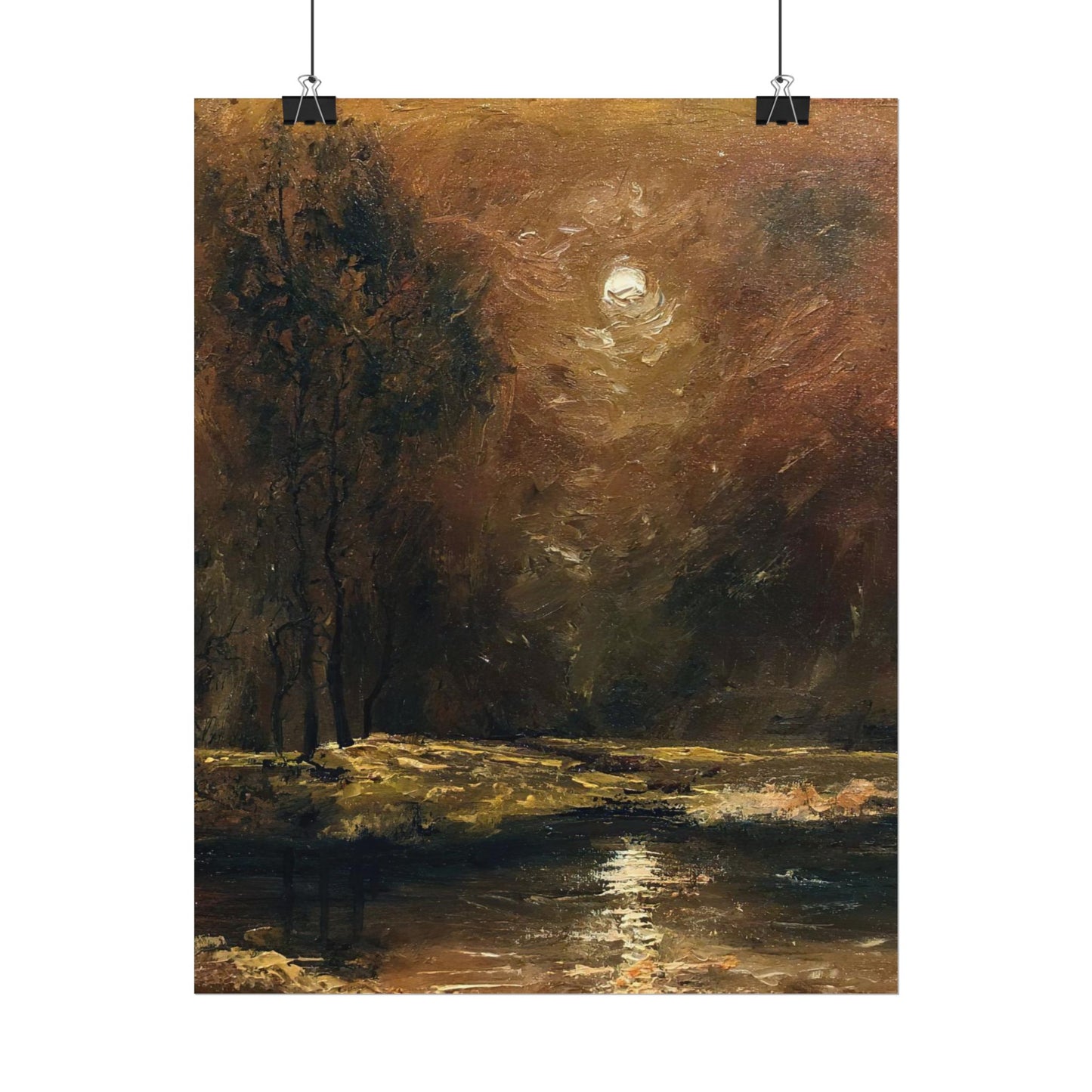 Dark Moody Landscape - Paper Print oil painting. Moonlit Night Landscape Dark Academia decor wall art. Tonalism painting