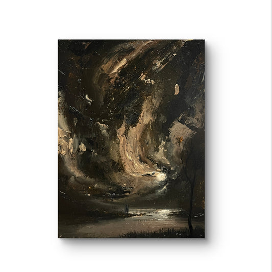 Inferno of Silence – Original Gothic Oil Painting 18x24 cm (7×9.4 in) | Dark Academia Moonlit Vision