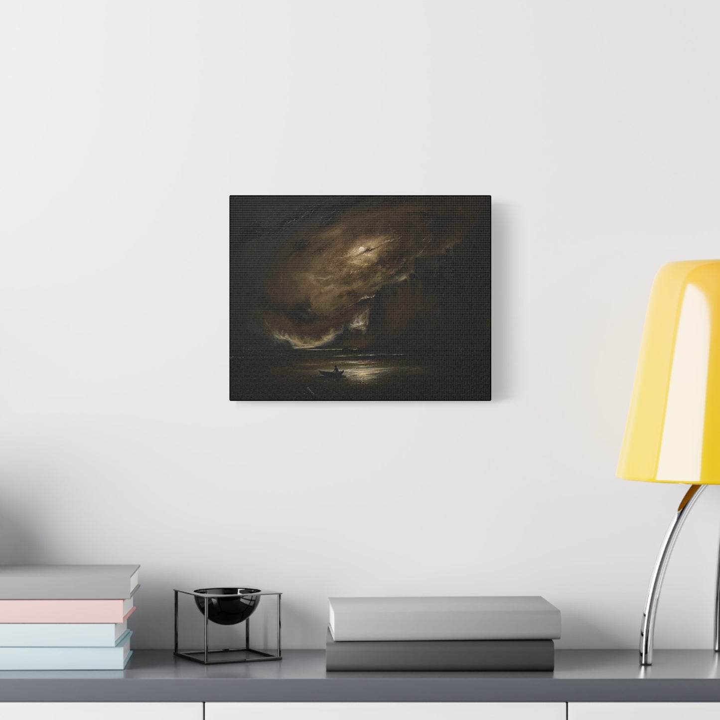 Moody Seascape Matte Canvas Print — Lone Boat Under Stormy Sky