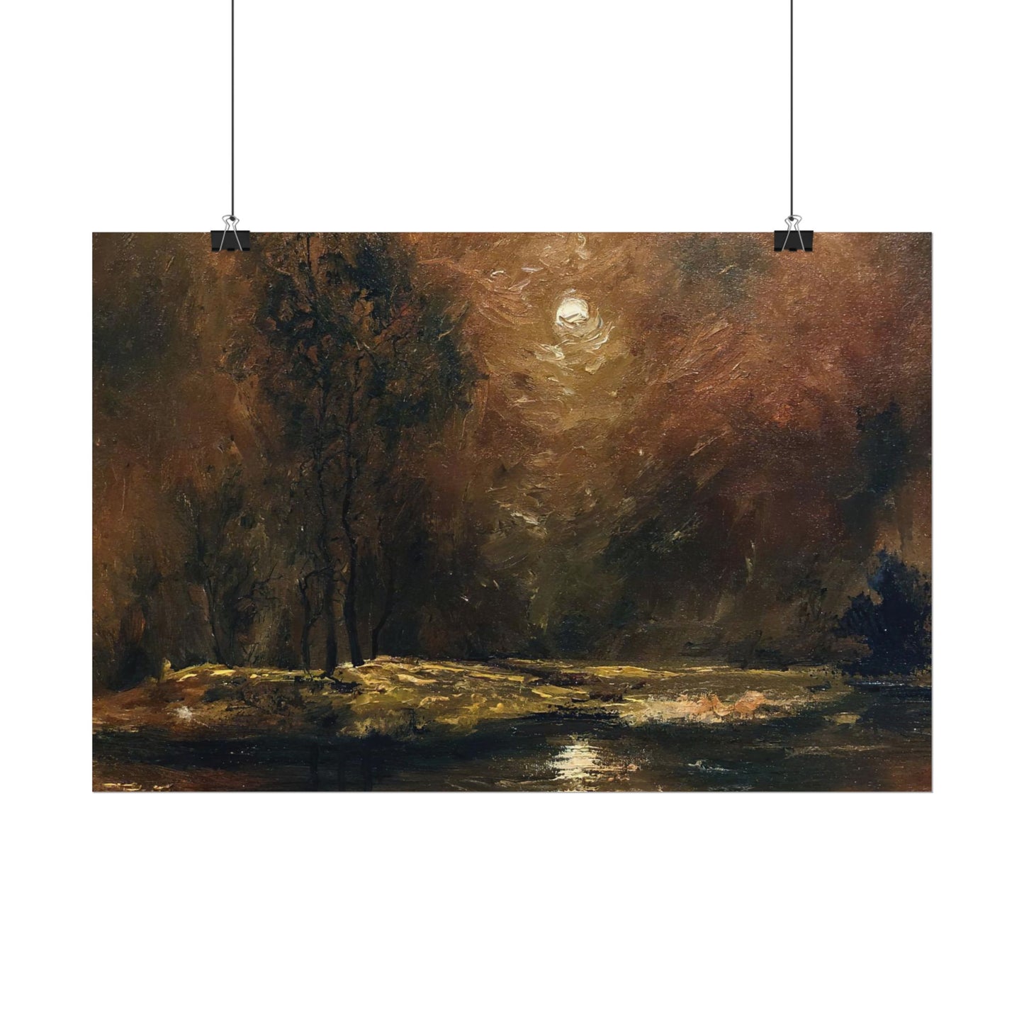 Dark Moody Landscape - Paper Print oil painting. Moonlit Night Landscape Dark Academia decor wall art. Tonalism painting